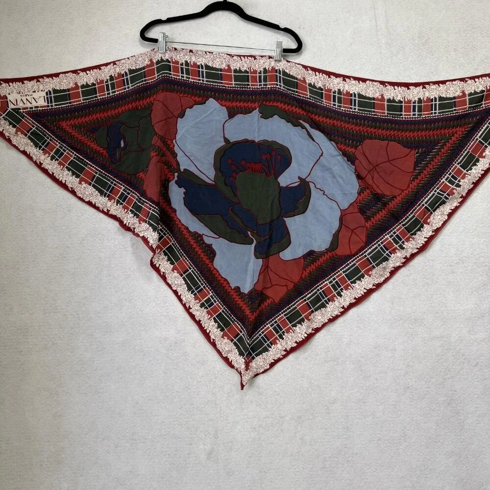 Lanvin Paris Scarf Womens One Size Silk Triangle Floral Plaid Made France Red